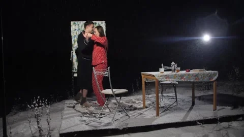 Guy does Dancing with Girl on Stage in Winter Stock Footage 144637757