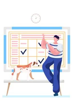 Guy with a dog having fun in line to the veterinarian doctor. Schedule with Illustrazione stock