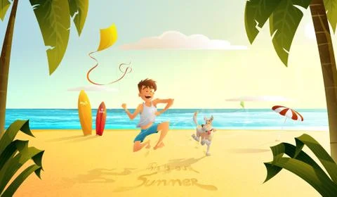 The guy with the dog running along the beach Stock Illustration