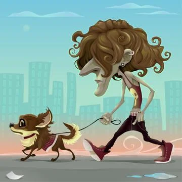 Guy with dog walking on the street Stock Illustration