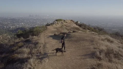Guy with Dog walking on Top of the mountain with LA city view in background 動画素材 82245711