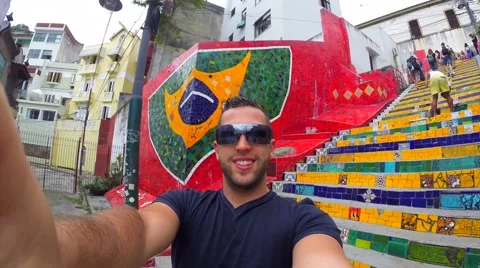 Guy Doing a Selfie on Escadaria Selaron in Rio de Janeiro, Brazil Stock Footage 44499171