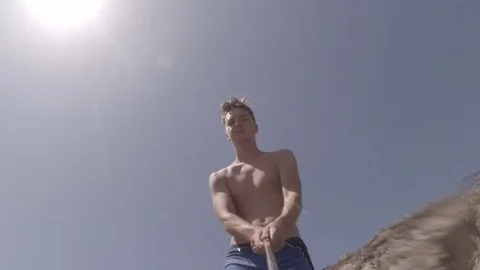 Guy doing selfies on the seaside. Malta Vídeo Stock 76321391