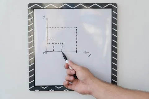 The guy is drawing a schedule on a white board. Male hand with a marker on a  写真素材