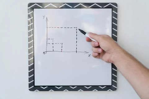 The guy is drawing a schedule on a white board. Male hand with a marker on a  写真素材