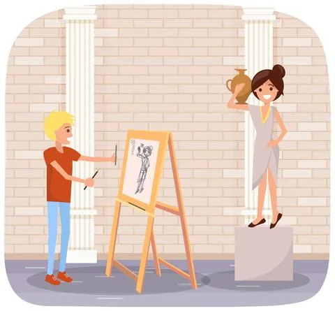Guy draws portrait on canvas on easel in studio. Girl model with antique vase 库存插图