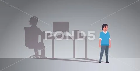 Guy dreaming about being freelancer shadow of man working on computer at Stock Illustration