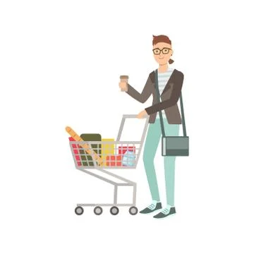 Guy Drinking Coffee And Grocery Shopping Stock Illustration
