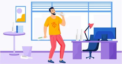 Guy drinks alcohol alone during work in office. Addicted male character with Stock Illustration