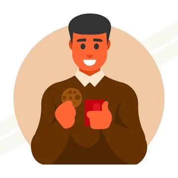 Guy-drinks-coffee-with-cookies Stock Illustration