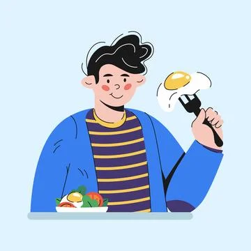 Guy eating fried eggs breakfast character cartoon style Stock Illustration