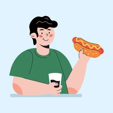 Guy eats hot dog with cola character in cartoon style Stock Illustration