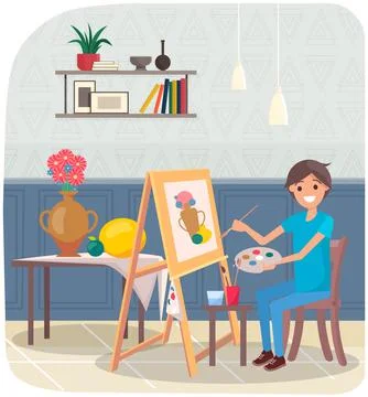 Guy engaged in creativity creates still life picture. Man drawing vase and Stock Illustration