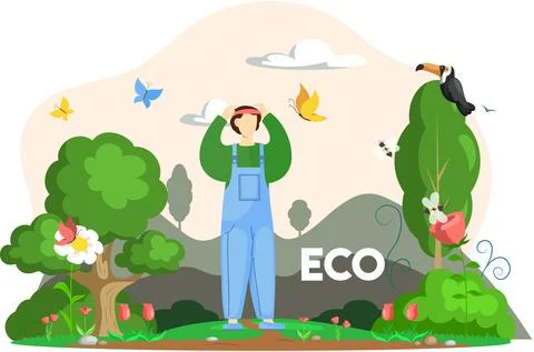 Guy enjoys view of ecosystems. Earth habitats, birds, plants and insects. Flora Ilustración de archivo