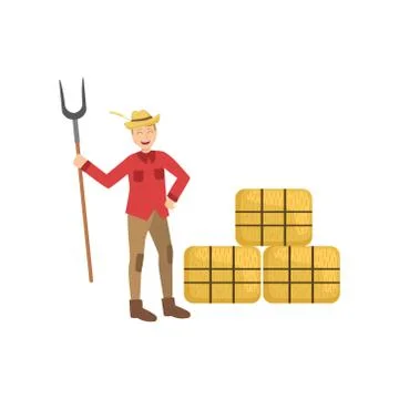 Guy With Farm Fork And Three Hay Stacks Stock Illustration