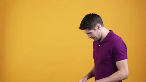 Guy feel fear new work promotion isolated bright color background Stock Footage 187347975