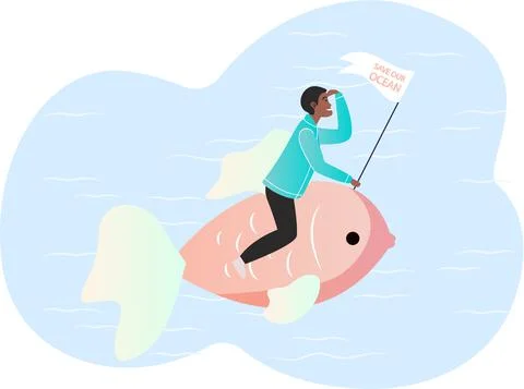 Guy with flag save our ocean sitting on large fish and looks to future. Take 스톡 일러스트