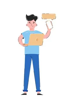 The guy in full growth holds a laptop and a phone. Isolated on white backgr.. Stock Illustration