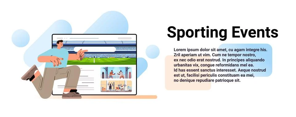 Guy fun looking at pc screen with different sport championships sporting events Stock Illustration