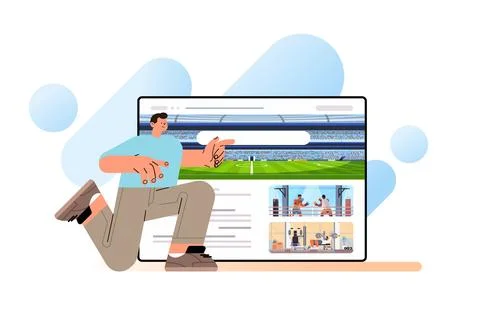 Guy fun looking at pc screen with different sport championships sporting events Stock Illustration