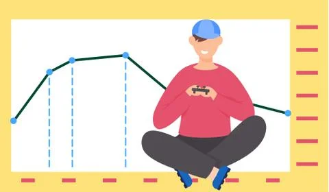 A guy with a gamepad in his hands sits near a bar graph. Statistics and business Stock Illustration