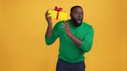 Guy get rejoice package valentine day event isolated bright color background Stock Footage 168676460