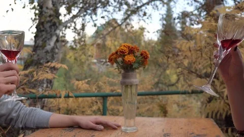 Guy with a girl drinking wine on nature in autumn close-up 4k. Stock Footage 80235032