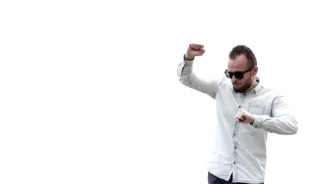 The guy with the glasses dancing on a white background. Stock Footage 62348817