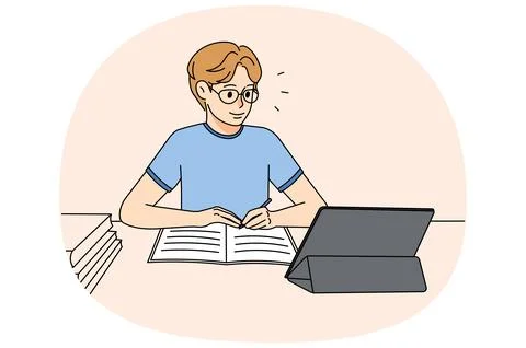 Guy in glasses study online on pad Stock Illustration