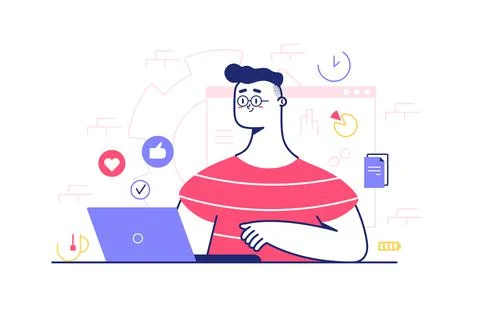 Guy in glasses working on laptop Stock Illustration