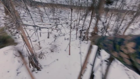 A guy goes to the field in winter through the tall dry trunks of a hogweed. Stock Footage 321354710