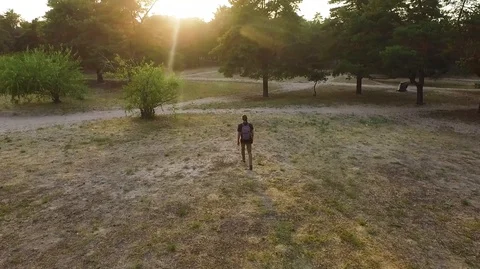 Guy goes to the forest at sunset Stock Footage 91756767