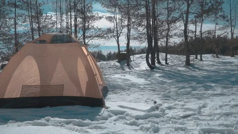 The guy goes to the winter tent Stock Footage 87586212