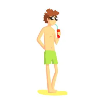 Guy In Green Shorts And Shades Drinking Soda From The Can, Part Of Friends In Stock Illustration