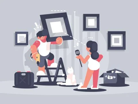 Guy hangs picture on wall Stock Illustration