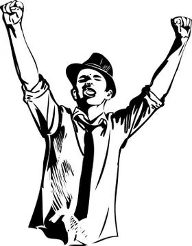 A the guy in the hat raised his hands and shouts Stock Illustration