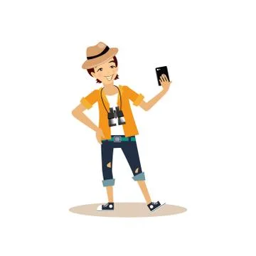Guy in Hat Taking Selfie. Vector Illustration Stock Illustration