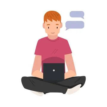Guy hatting Via Internet Using Smartphone, Teenager Sitting on the Floor with Stock Illustration