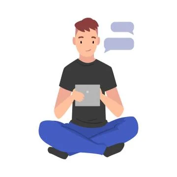 Guy hatting Via Internet Using Smartphone, Male Student Sitting on the Floor Stock Illustration