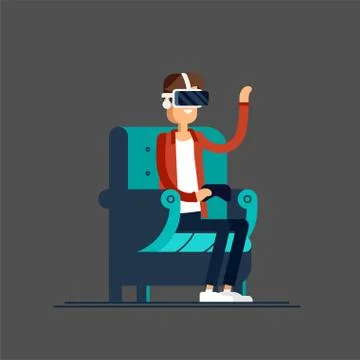 Guy having a good time sitting in armchair wearing virtual reality helmet. Man Illustrazione stock
