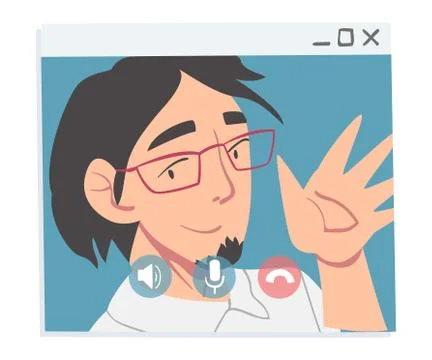 Guy Having Video Call, Young Man Waving his Hand from Computer Screen, People イラスト素材