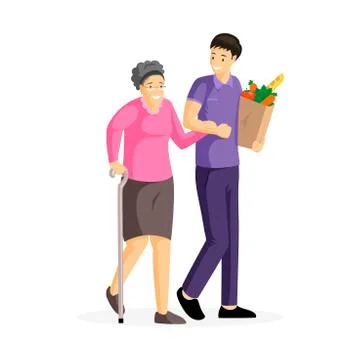Guy helping old lady vector illustration. Happy aged woman and young man walking Stock Illustration