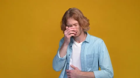 Guy high temperature fever sore throat cough isolated shine color background Stock Footage 169277442