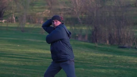 The Guy Hits the Edge of His Hand Then Leg and Elbow,practicing Karate Stock Footage 74692463