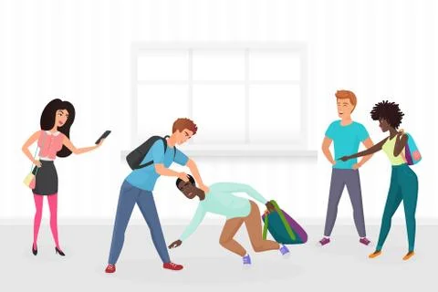 Guy hitting classmate, mocking him, scoffing, excruciate, cling, intimidate Stock Illustration