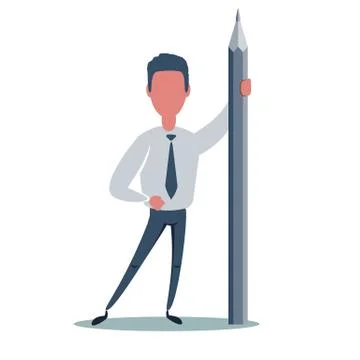 Guy holding big pencil flat vector illustration. Office worker in casual clothes Stock Illustration