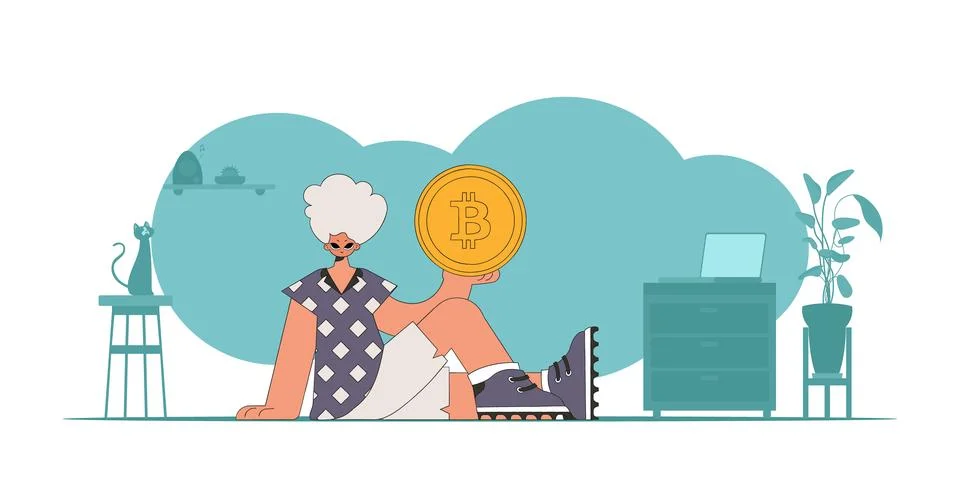 The guy is holding a bitcoin. Cryptocurrency theme. Stock Illustration