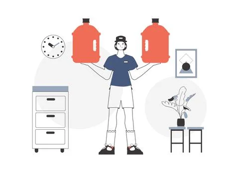 The guy is holding a bottle of water in his hands. Water delivery concept. .. Stock Illustration