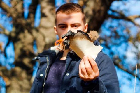 The guy is holding a burning leaf in his hand from a book Stockfoto's