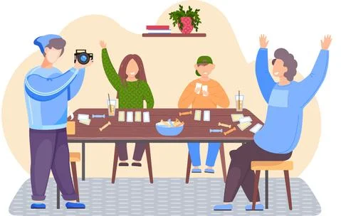 Guy is holding camera and adjusting the lens. Family have fun and play together Illustrazione stock